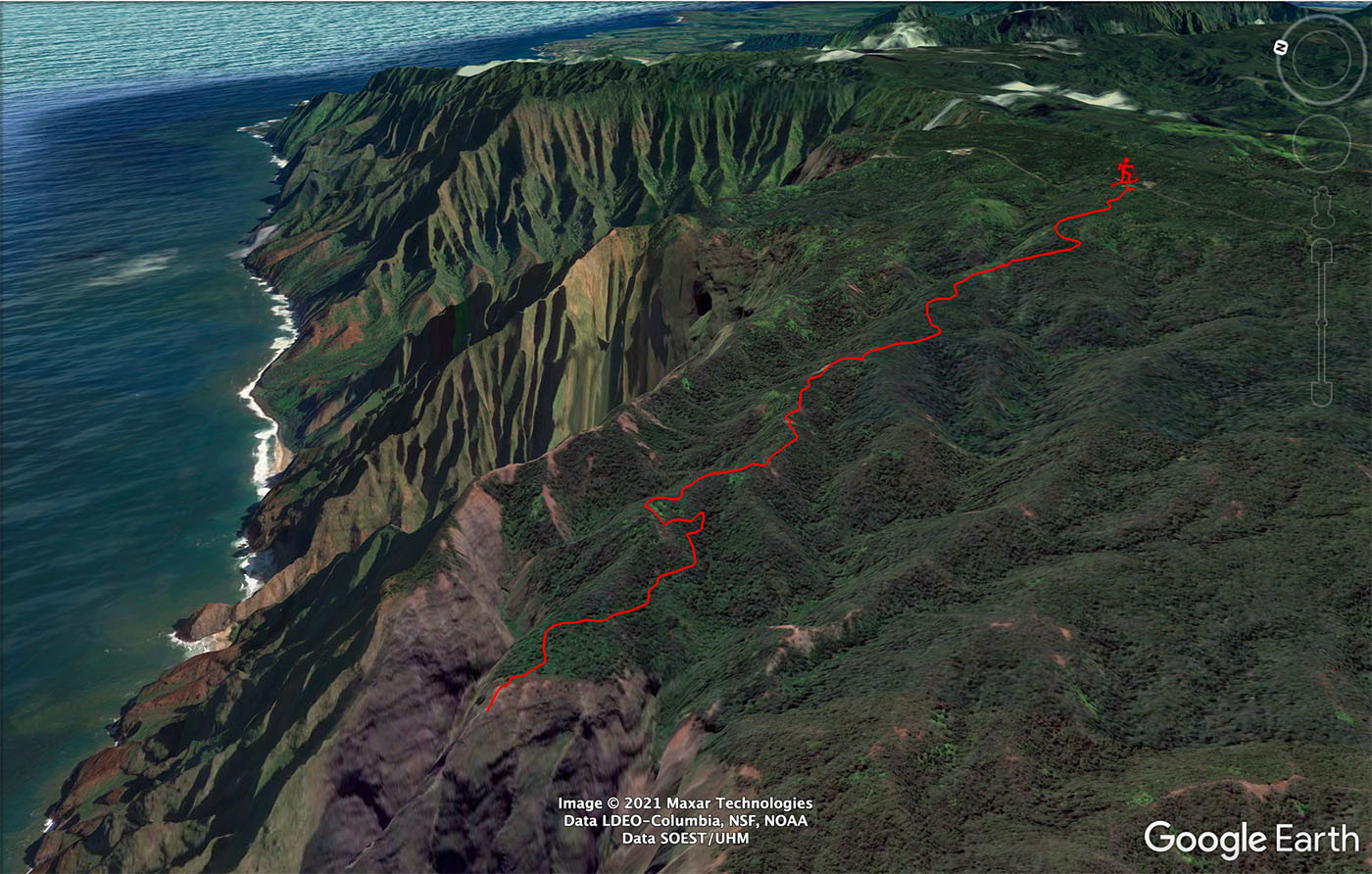 awaawapuhi-trail-google-earth-map.jpg Google Earth view of the Awaawapuhi Trail descending toward the Na Pali Coast