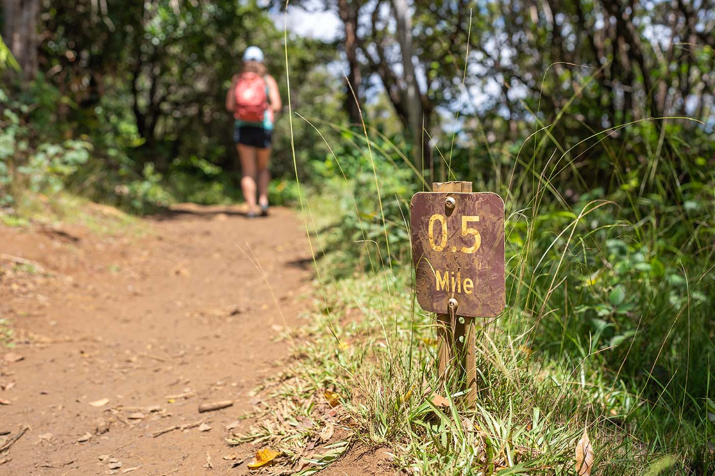 awaawapuhi-trail-markers.jpg Half-mile marker beside a hiker on the Awaawapuhi Trail