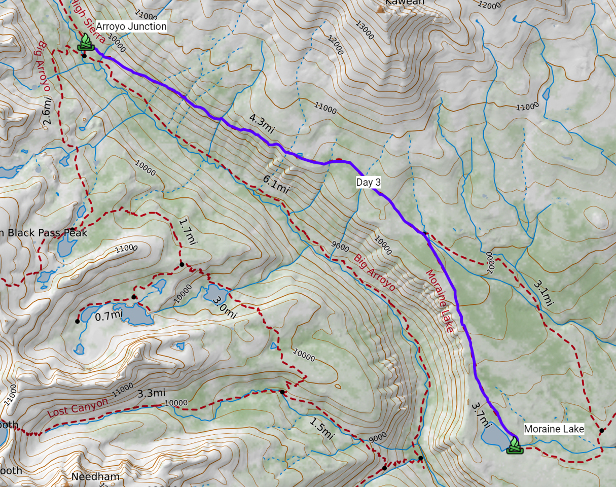 Topographic map of day three from Arroyo Junction to Moraine Lake