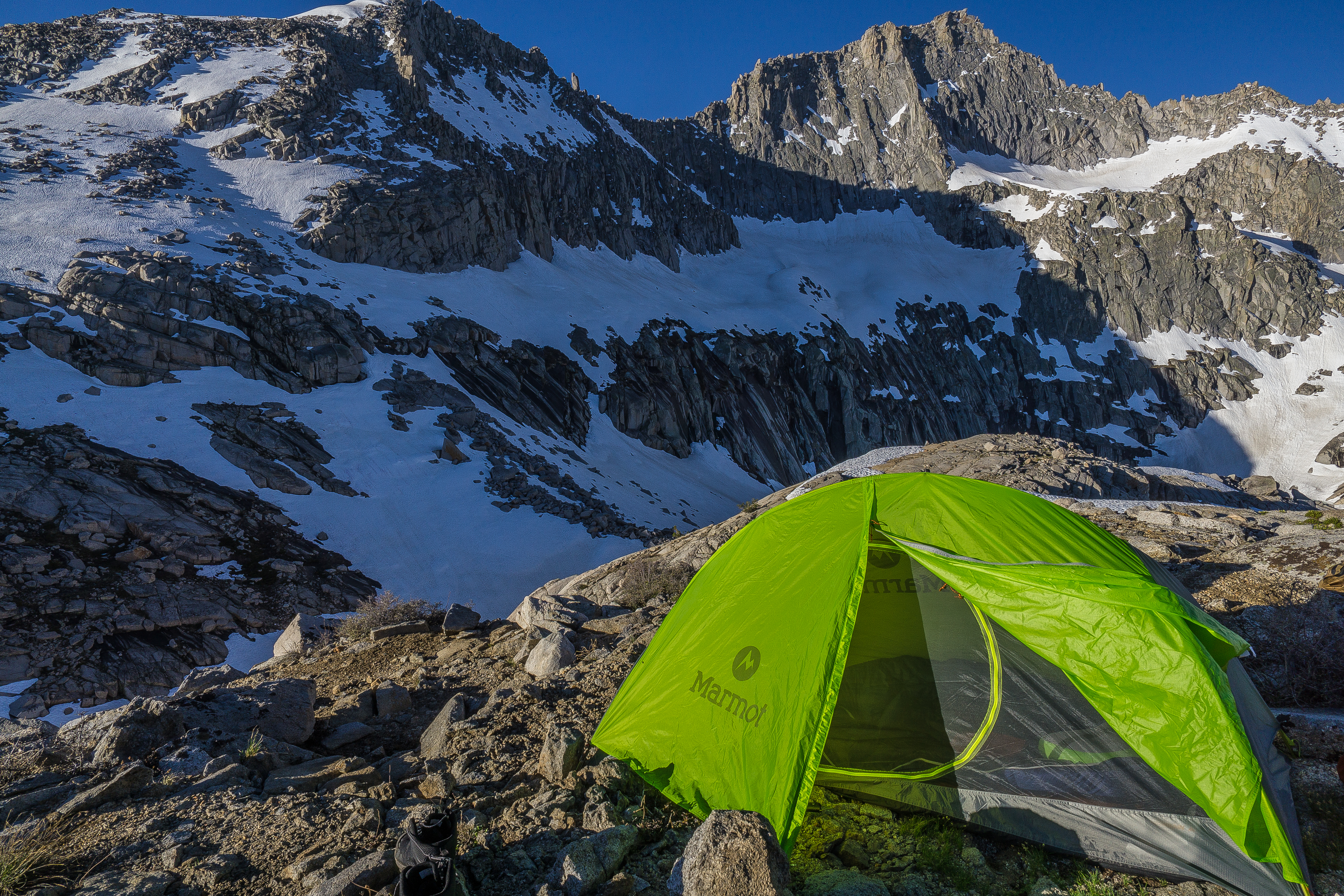 Morning at the tent campsite high above Precipice Lake in Kaweah Gap