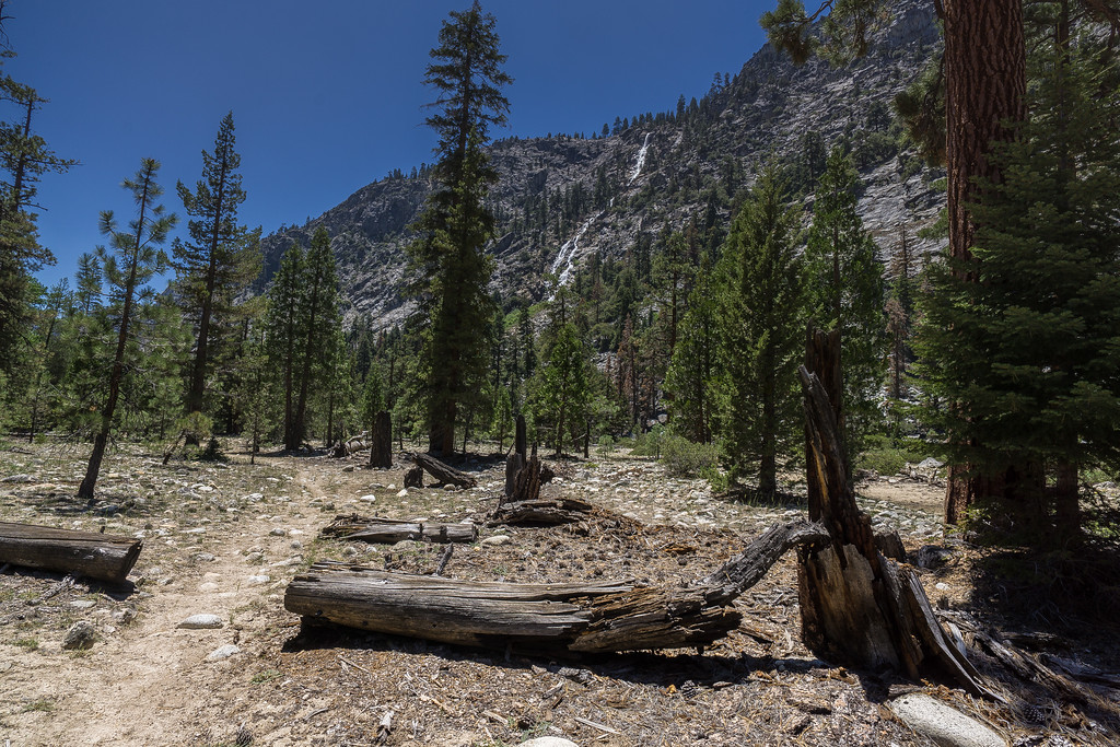 Waterfall descending the granite wall above Kern River Valley