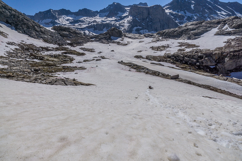 Glissade track down the snow slope into Kaweah Gap