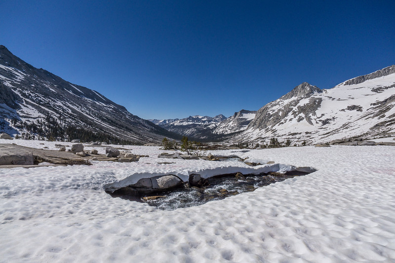 Ice bridges spanning the stream below Kaweah Gap