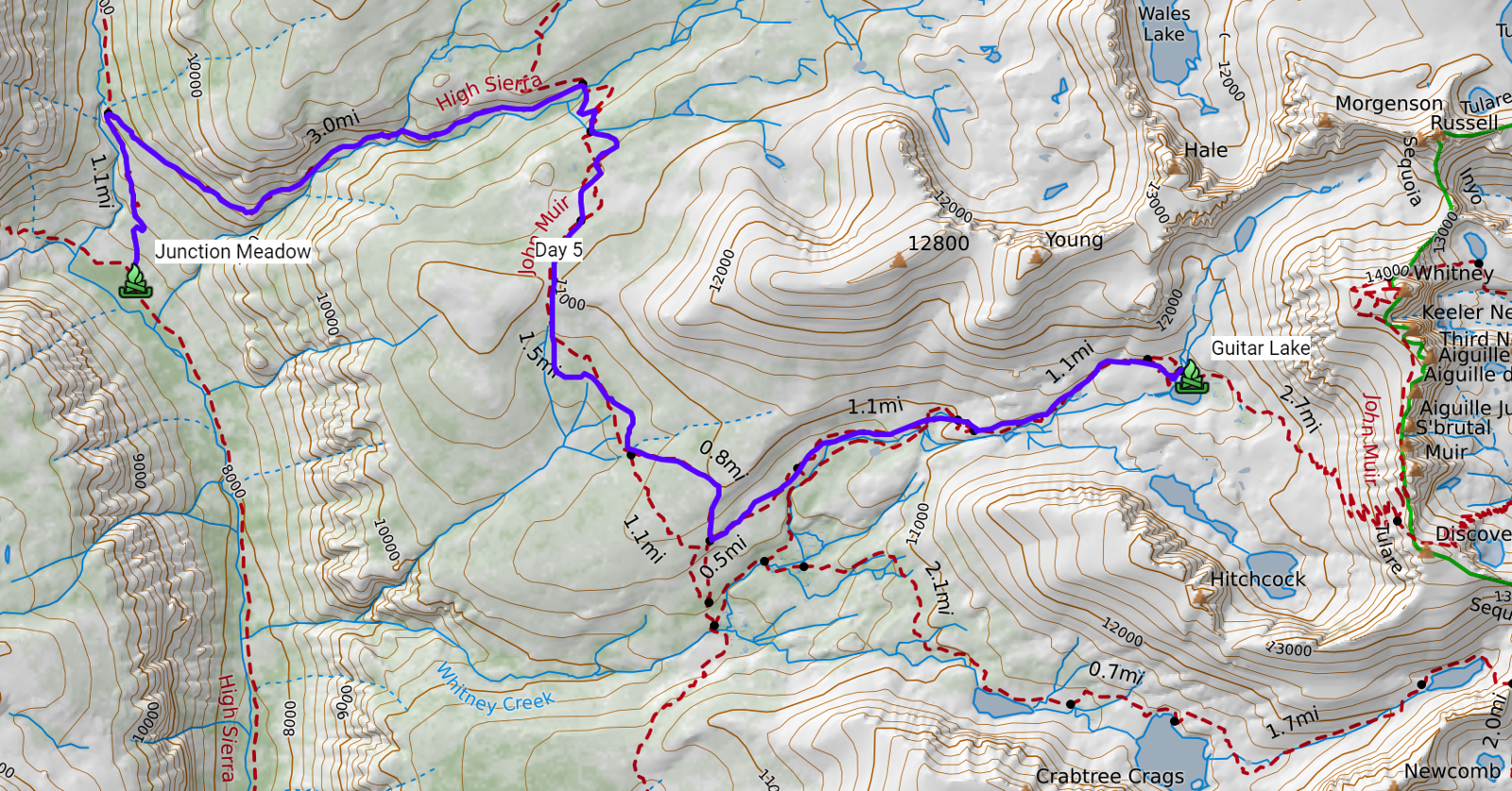 Topographic map of day five from Junction Meadow to Guitar Lake