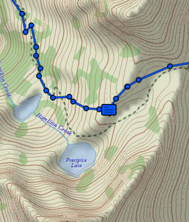 InReach track around the steep finger above frozen Precipice Lake