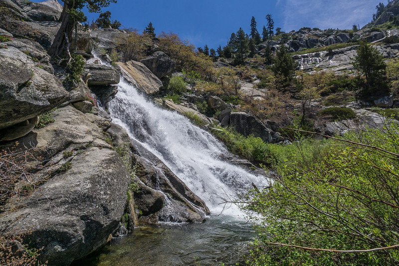 Hamilton Creek cascading over smooth granite beside the crossing