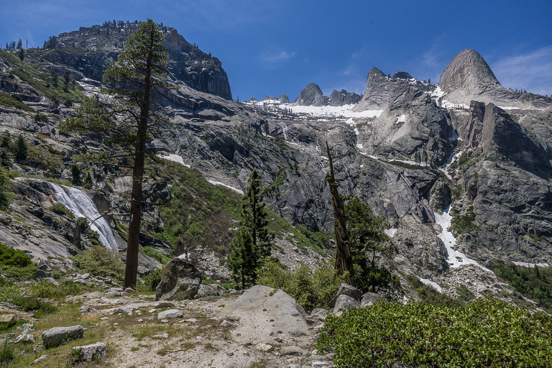 Waterfalls descending the granite walls above Hamilton Creek