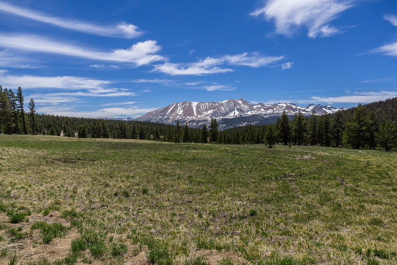 Open meadow beneath snowy Sierra Nevada peaks on day five