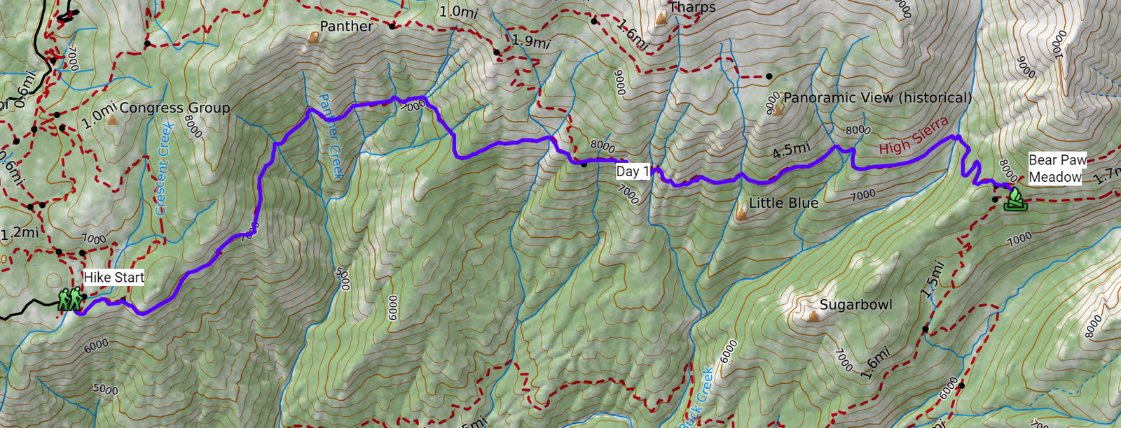 Topographic map of day one from Crescent Meadow to Bearpaw Meadow