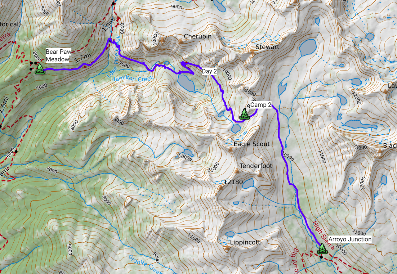 Topographic map of day two from Bearpaw Meadow over Kaweah Gap to Arroyo Junction