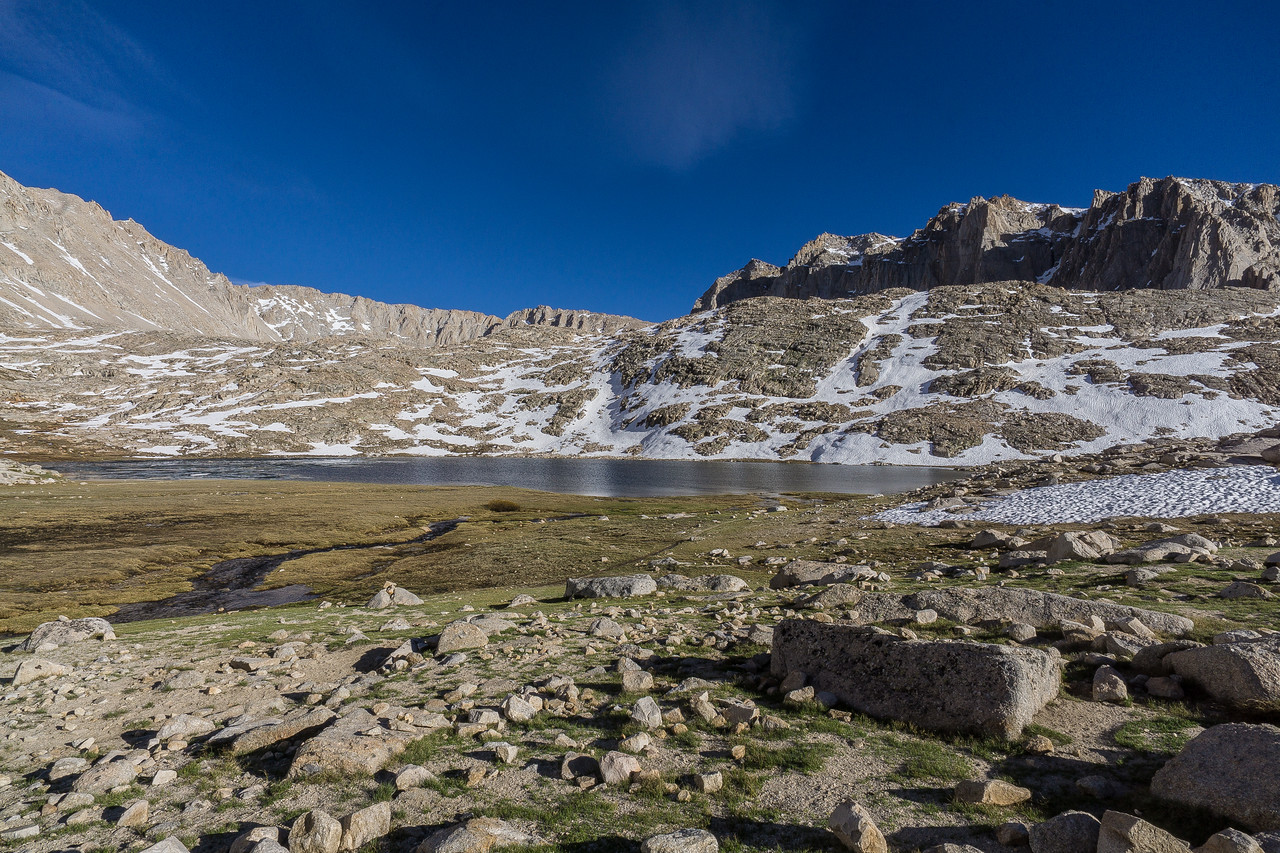 Guitar Lake beneath the snow-streaked slopes of Mount Whitney