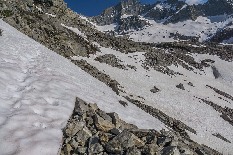 Route across a steep snow-covered slope toward Kaweah Gap