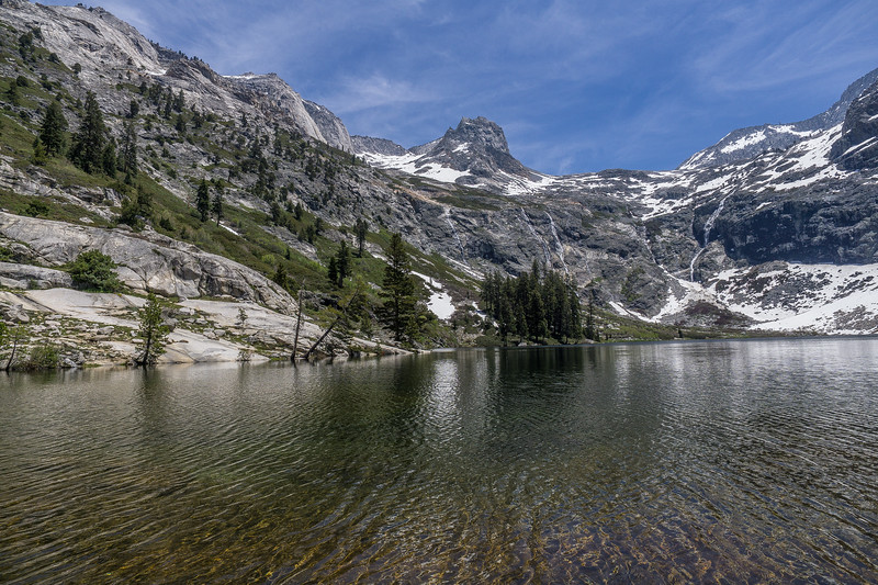 Hamilton Lake surrounded by snowy granite peaks