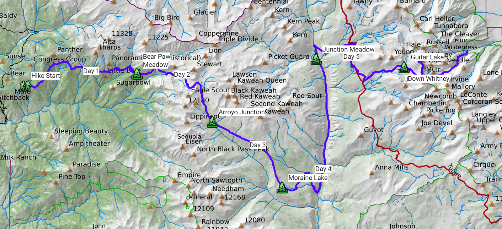 high-sierra-trail-map.png Map of the five-day High Sierra Trail route from Crescent Meadow to Mount Whitney