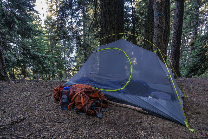 Tent and backpack at the Bearpaw Meadow campsite