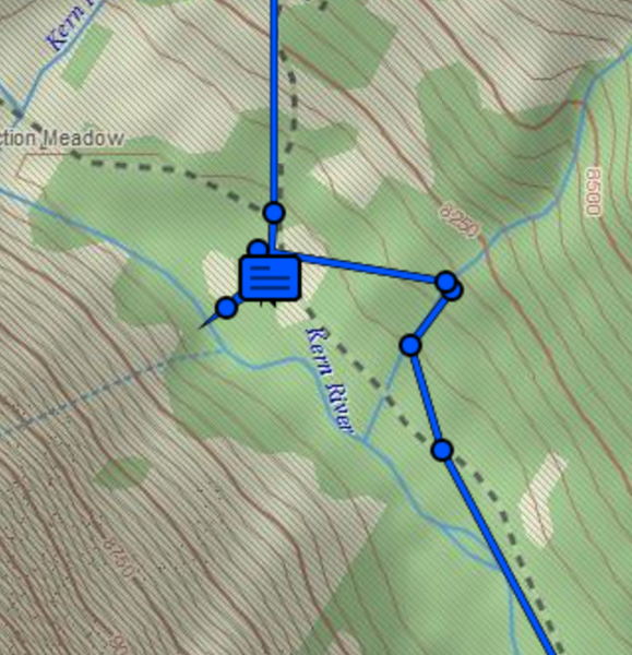 InReach track showing the flooded-trail detour near Junction Meadow