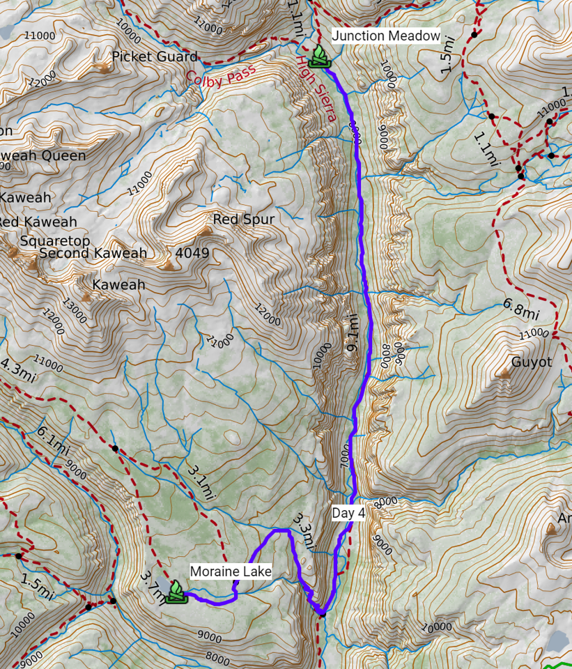 Topographic map of day four from Moraine Lake through Kern Valley to Junction Meadow