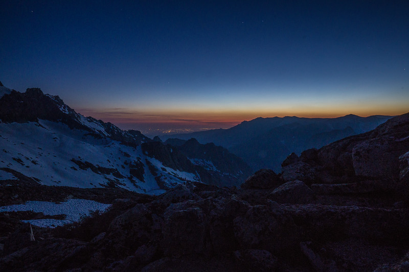 Twilight over the distant Sierra valleys from Kaweah Gap