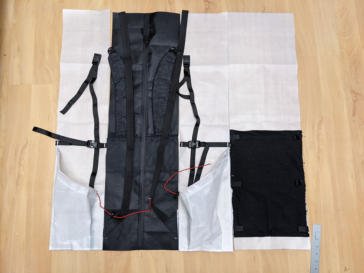 full-flat-myog-pack.jpg All backpack body panels and the front mesh pocket arranged before final sewing