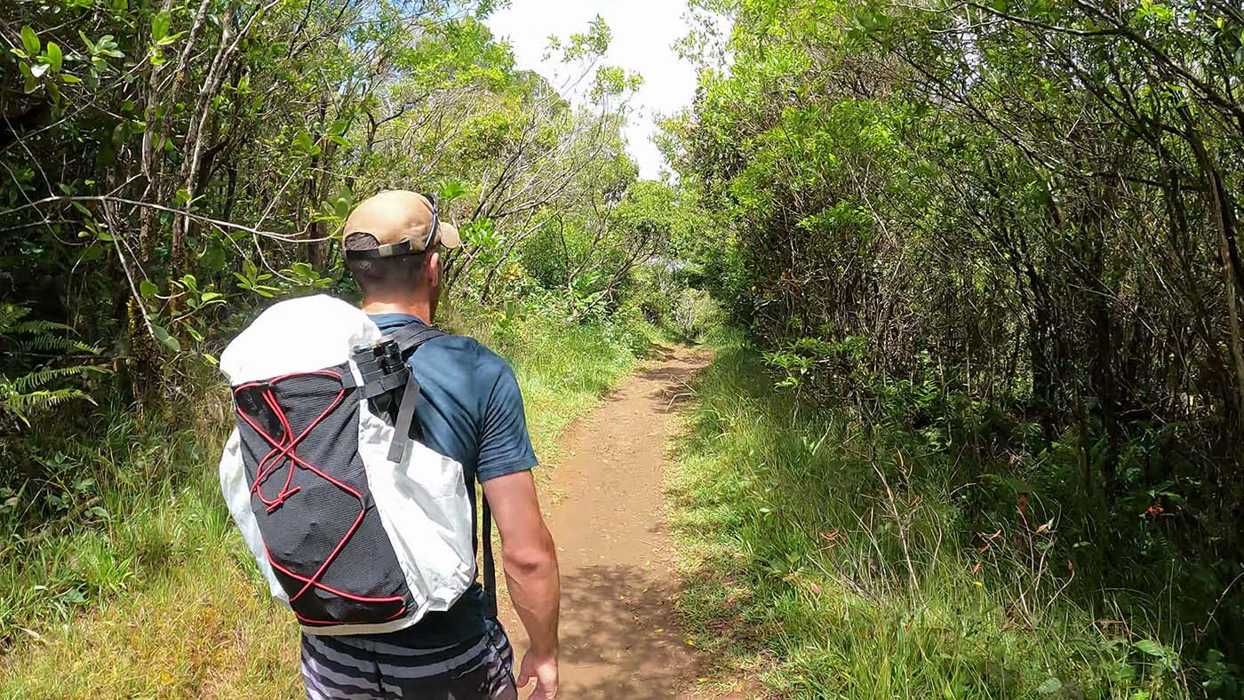 myog-backpack-test-1.jpg Hiker testing the homemade Dyneema backpack on a leafy trail
