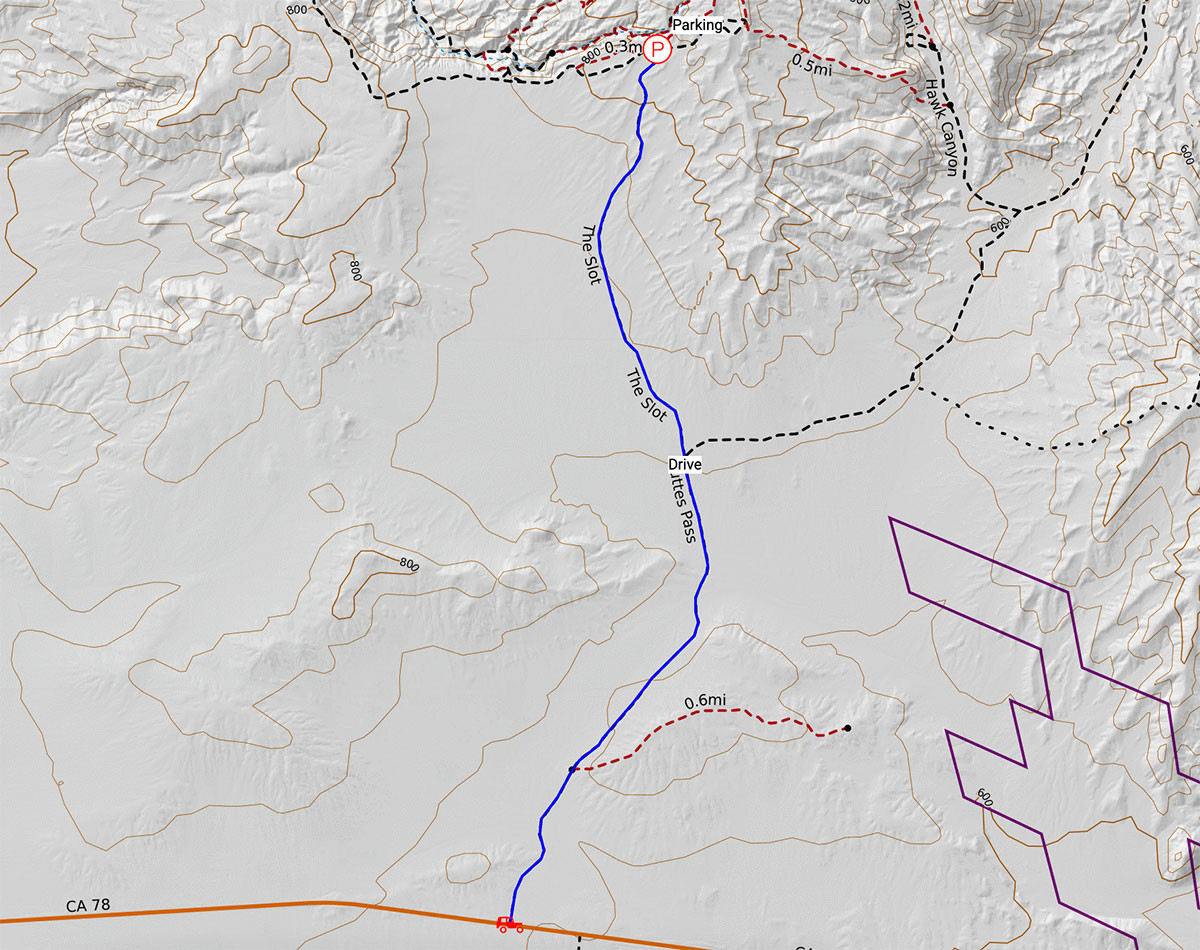 slot-canyon-anza-borrego-drive-map.jpg Topographic map of the drive from Highway 78 to The Slot parking area