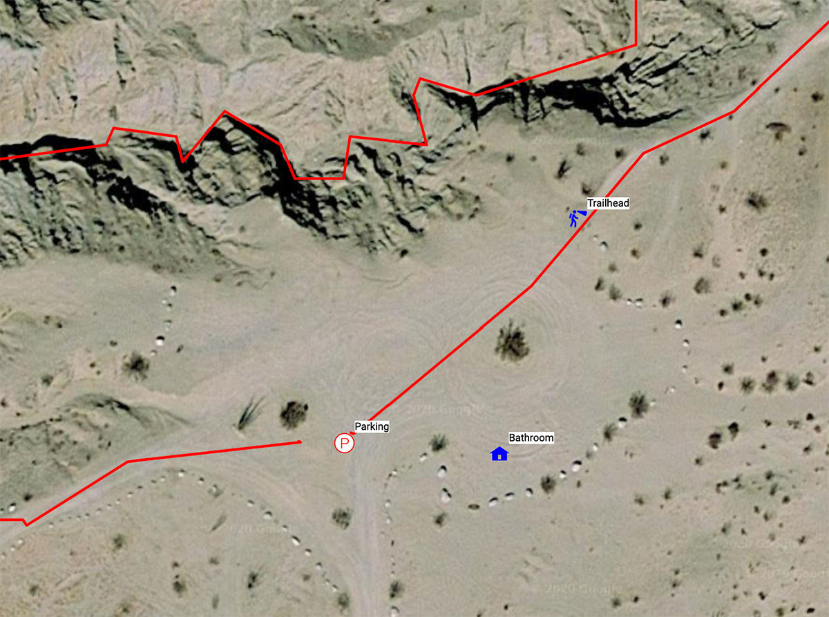 slot-canyon-trailhead-map.jpg Satellite map locating The Slot trailhead, parking area, and restroom