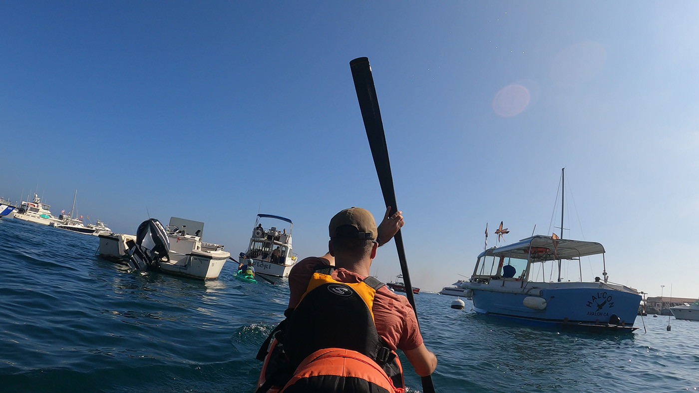 leaving-avalon-in-a-pakayak.jpg Kayaker paddling an orange Pakayak through boats in Avalon Harbor