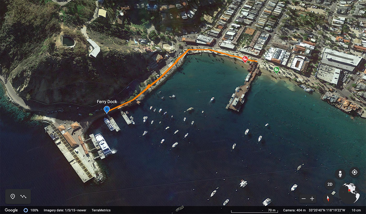 kayak-map-from-avalon.jpg Aerial walking route from the Avalon ferry dock along the harbor