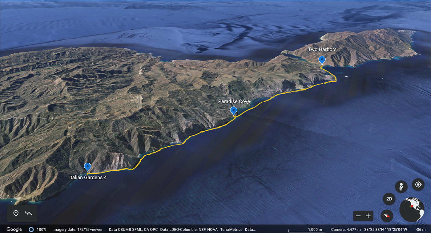 trans-kayak-catalina-day-2-map.jpg Map of the second-day kayak route from Italian Gardens through Paradise Cove to Two Harbors
