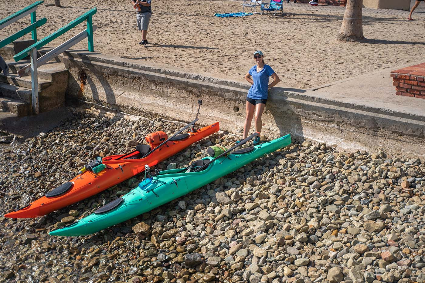 pakayak-catalina-island-avalon.jpg Loaded orange and teal Pakayaks at the rocky Avalon shoreline