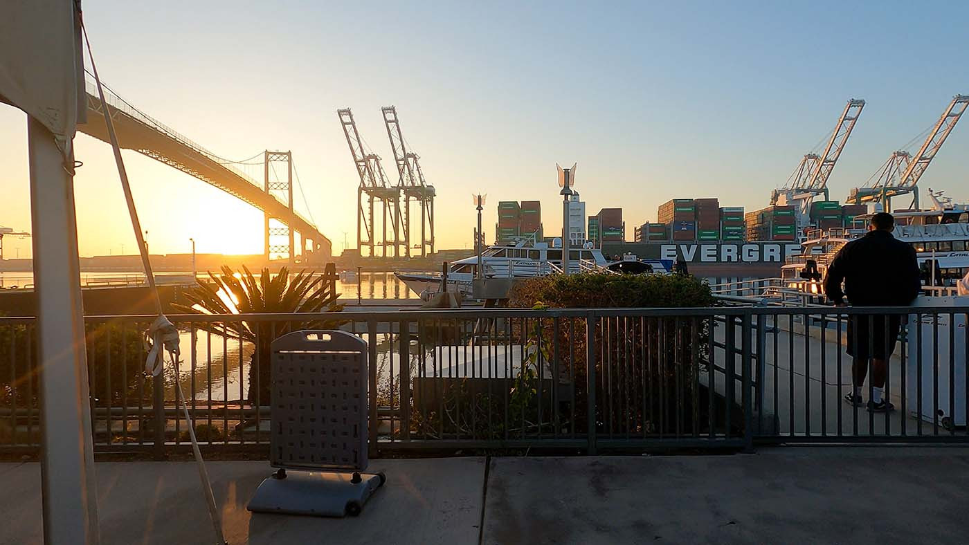 sunrise-at-the-ferry.jpg Sunrise over the San Pedro ferry terminal, bridge, and container cranes