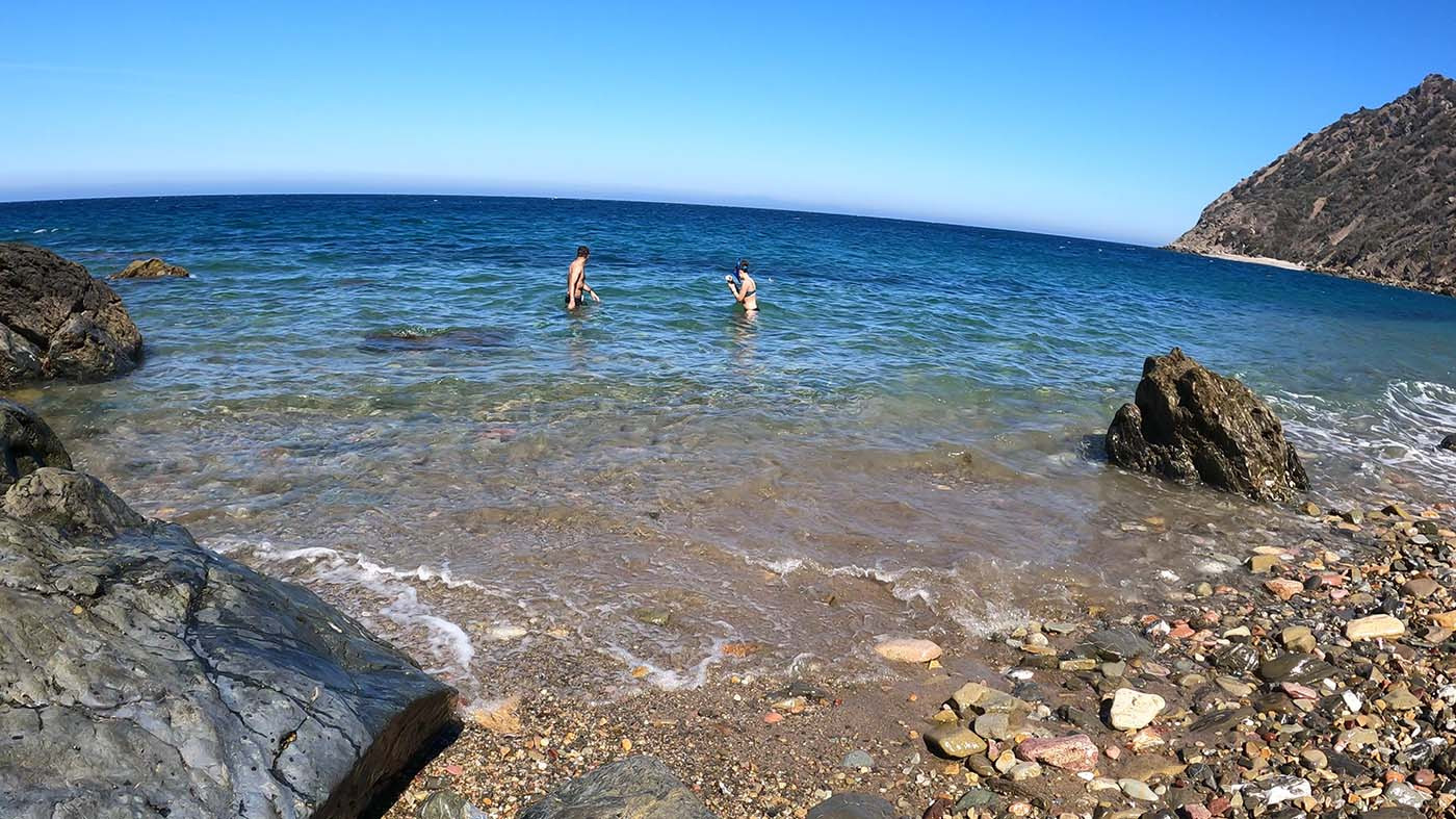 italian-gardens-catalina-swimming.jpg Two campers swimming in clear water off the Italian Gardens beach