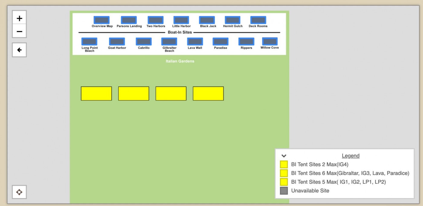 catalina-italian-gardens-booking-campsite.jpg Italian Gardens campsite booking screen with four available tent-site blocks