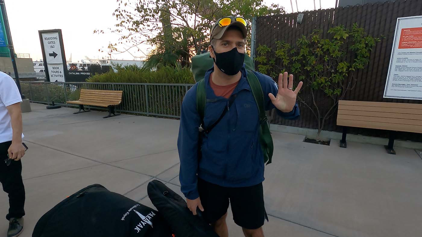 pakayak-catalina-island-ferry.jpg Kayaker waiting to board the Catalina ferry beside a packed Pakayak travel bag
